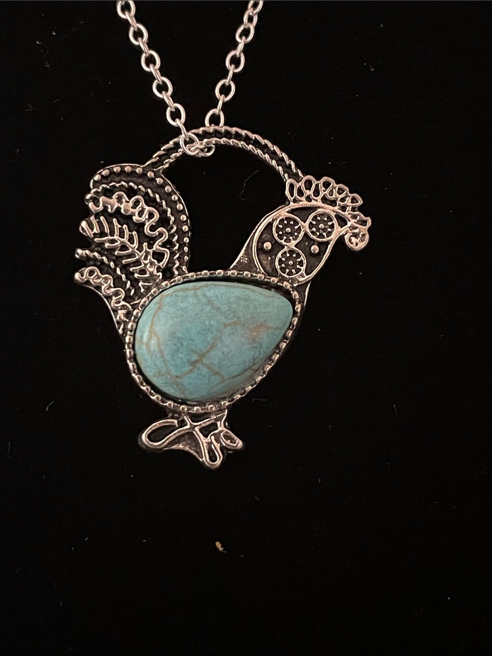 Silver Rooster Pendant Necklace with Turquoise Stone